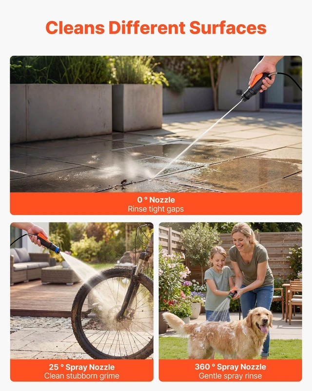 Alt view image 4 of 8 - VEVOR Portable Cordless Pressure Washer with 2.64 Gal Tank, Foldable Power Washer 109 Max PSI 0.79 Max GPM, 3 Nozzles,Flexible 78.7 in Hose, Type-C Charging, for Bike Cleaning, Patio, Camping, Garden