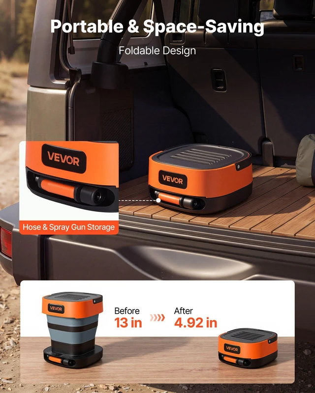Alt view image 2 of 8 - VEVOR Portable Cordless Pressure Washer with 2.64 Gal Tank, Foldable Power Washer 109 Max PSI, 3 Nozzles, Magnetic Sponge Brush & Soft Bristle Brush,78.7 in Hose, for Bike Cleaning, Patio, Camping