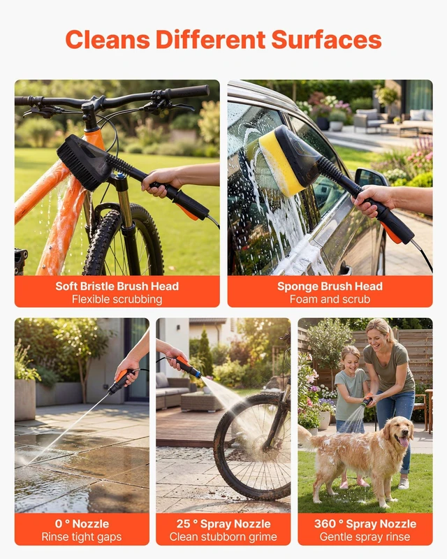 Alt view image 4 of 8 - VEVOR Portable Cordless Pressure Washer with 2.64 Gal Tank, Foldable Power Washer 109 Max PSI, 3 Nozzles, Magnetic Sponge Brush & Soft Bristle Brush,78.7 in Hose, for Bike Cleaning, Patio, Camping