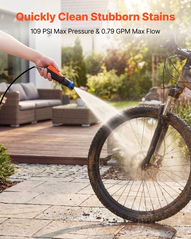 Alt view image 5 of 8 - VEVOR Portable Cordless Pressure Washer with 2.64 Gal Tank, Foldable Power Washer 109 Max PSI, 3 Nozzles, Magnetic Sponge Brush & Soft Bristle Brush,78.7 in Hose, for Bike Cleaning, Patio, Camping