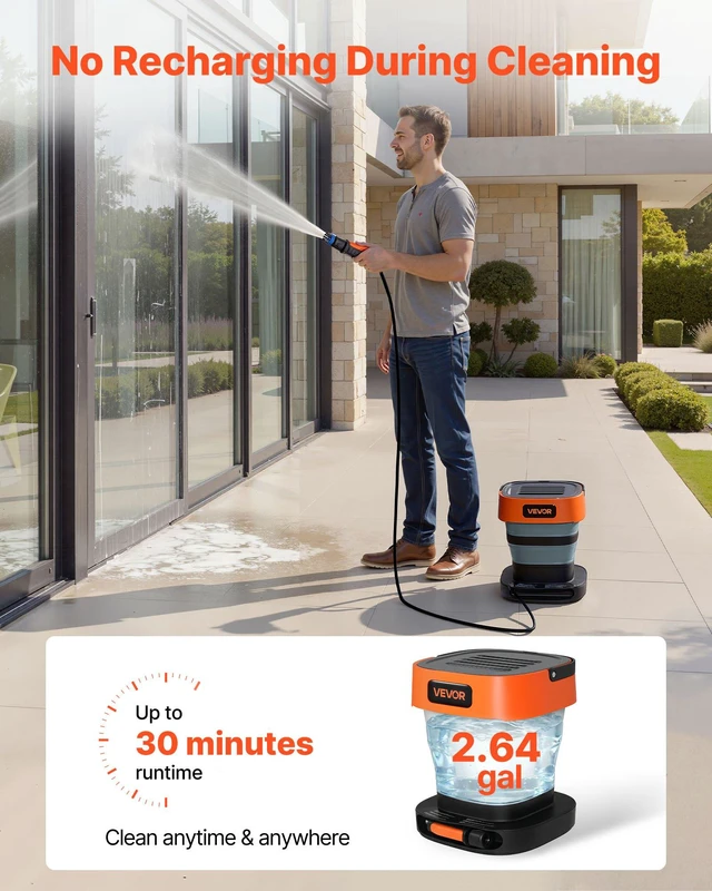 Alt view image 6 of 8 - VEVOR Portable Cordless Pressure Washer with 2.64 Gal Tank, Foldable Power Washer 109 Max PSI, 3 Nozzles, Magnetic Sponge Brush & Soft Bristle Brush,78.7 in Hose, for Bike Cleaning, Patio, Camping