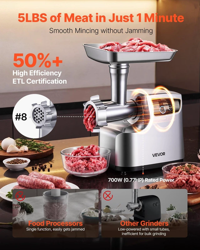 Alt view image 2 of 8 - VEVOR Electric Meat Grinder, 5 Lbs/Min Capacity, #8 Meat Mincer with 3 Grinding Plates, 3 Sausage Stuffing Tubes & Kubbe Kit, 700W/0.77HP Sausage Stuffer Maker for Home Kitchens, ETL Listed