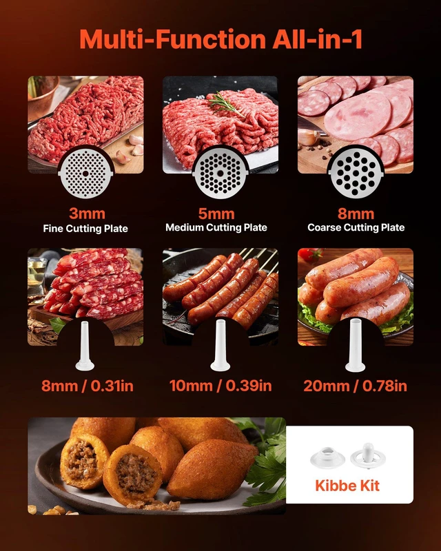 Alt view image 3 of 8 - VEVOR Electric Meat Grinder, 5 Lbs/Min Capacity, #8 Meat Mincer with 3 Grinding Plates, 3 Sausage Stuffing Tubes & Kubbe Kit, 700W/0.77HP Sausage Stuffer Maker for Home Kitchens, ETL Listed
