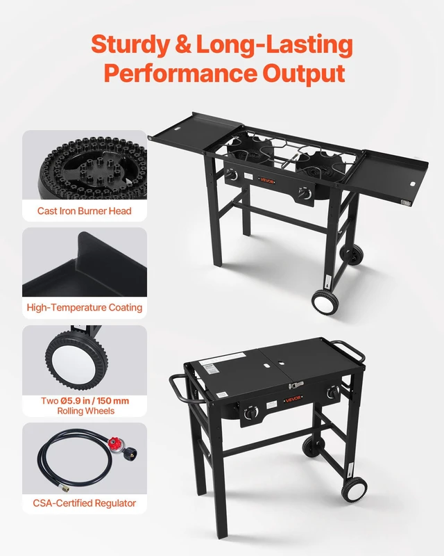 Alt view image 5 of 8 - VEVOR 2 Burner Outdoor Propane Gas Stove, 150,000 BTU Propane LPG Gas Camping Stove, Foldable Heavy-duty Carbon Steel Outdoor Cooker, with Wheels & Shield & 20 PSI Regulator, for BBQ Camp Home Patio