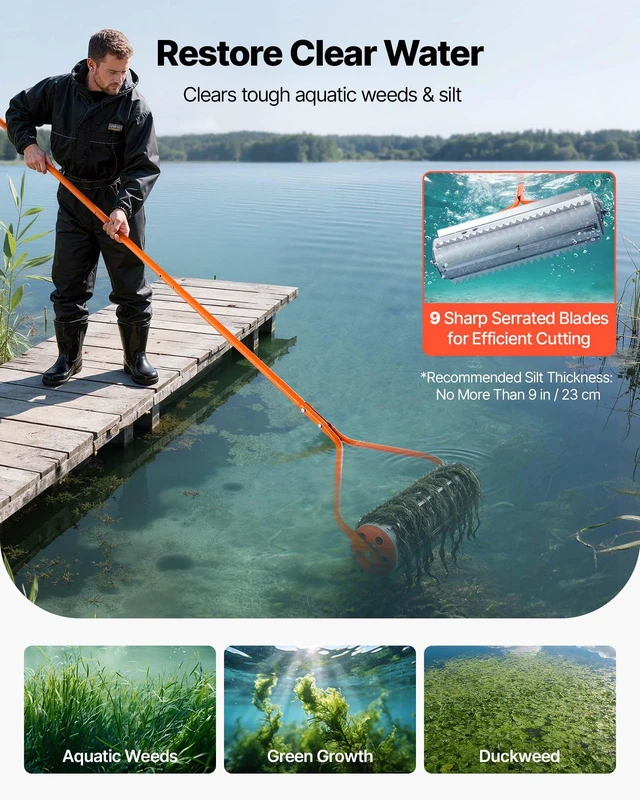 Alt view image 2 of 8 - VEVOR Lake Weed Roller, 20 ft Lake & Pond Weed Removal Tool, Muck Razer Aquatic & Sludge Tiller, Rid Roots and Muck Buildup, 6 Preassembled Stainless Steel Blades, 6 Aluminum Handles, Easy Assembly
