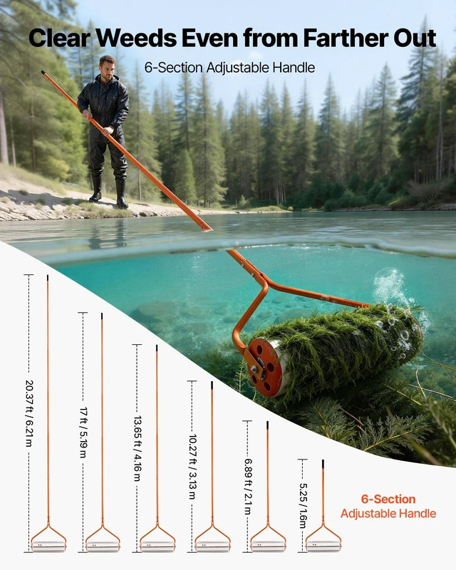 Alt view image 4 of 8 - VEVOR Lake Weed Roller, 20 ft Lake & Pond Weed Removal Tool, Muck Razer Aquatic & Sludge Tiller, Rid Roots and Muck Buildup, 6 Preassembled Stainless Steel Blades, 6 Aluminum Handles, Easy Assembly