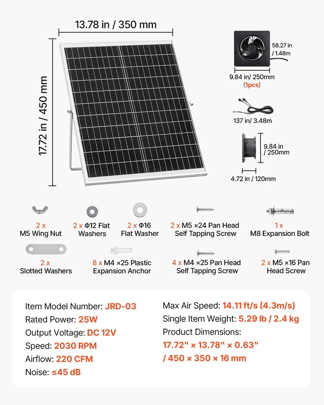 Alt view image 7 of 8 - VEVOR Solar Powered Fan, 25W Solar Panel with 220 CFM Airflow, Adjustable Panel Angle, 2030 RPM High-Speed, Flexible Install, Fast Air Exchange for Greenhouse, Grow Tents, Chicken Coops, Shelters
