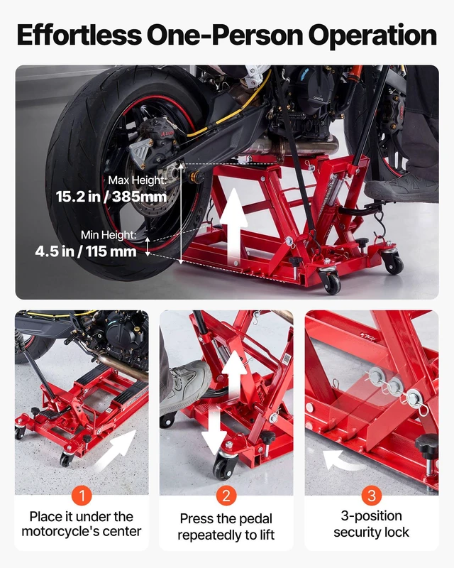 Alt view image 3 of 8 - VEVOR Hydraulic Motorcycle Lift Jack, 1500 lbs Capacity, ATV Lift Jack Portable Motorcycle Hoist Stand with 4 Wheels, 4.5"-15.2" Height Range, Hydraulic Foot-Operated Hoist Stand for ATVs, Dirt Bikes