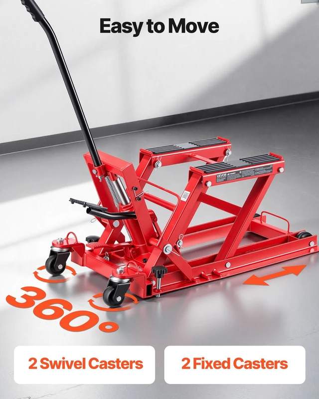Alt view image 6 of 8 - VEVOR Hydraulic Motorcycle Lift Jack, 1500 lbs Capacity, ATV Lift Jack Portable Motorcycle Hoist Stand with 4 Wheels, 4.5"-15.2" Height Range, Hydraulic Foot-Operated Hoist Stand for ATVs, Dirt Bikes