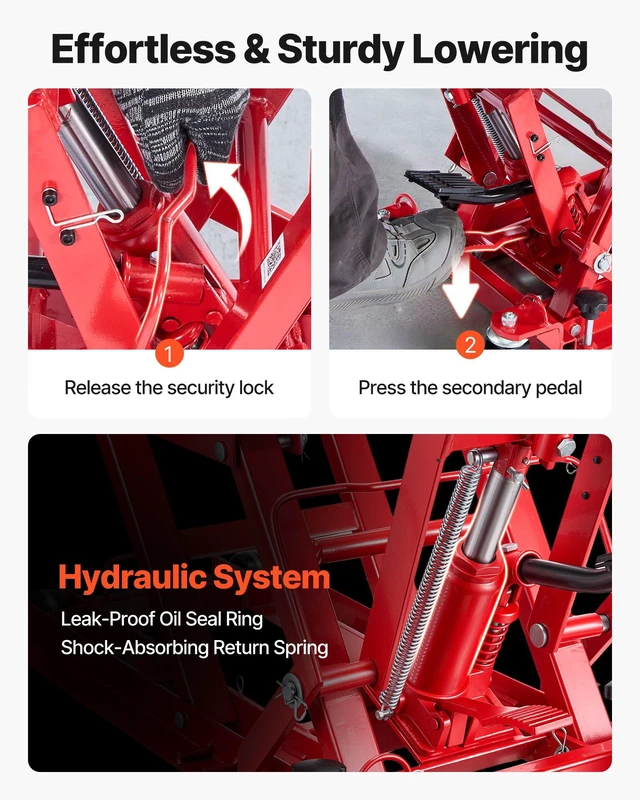 Alt view image 4 of 8 - VEVOR Hydraulic Motorcycle Lift Jack, 1500 lbs Capacity, ATV Lift Jack Portable Motorcycle Hoist Stand with 4 Wheels, 4.5"-15.2" Height Range, Hydraulic Foot-Operated Hoist Stand for ATVs, Dirt Bikes