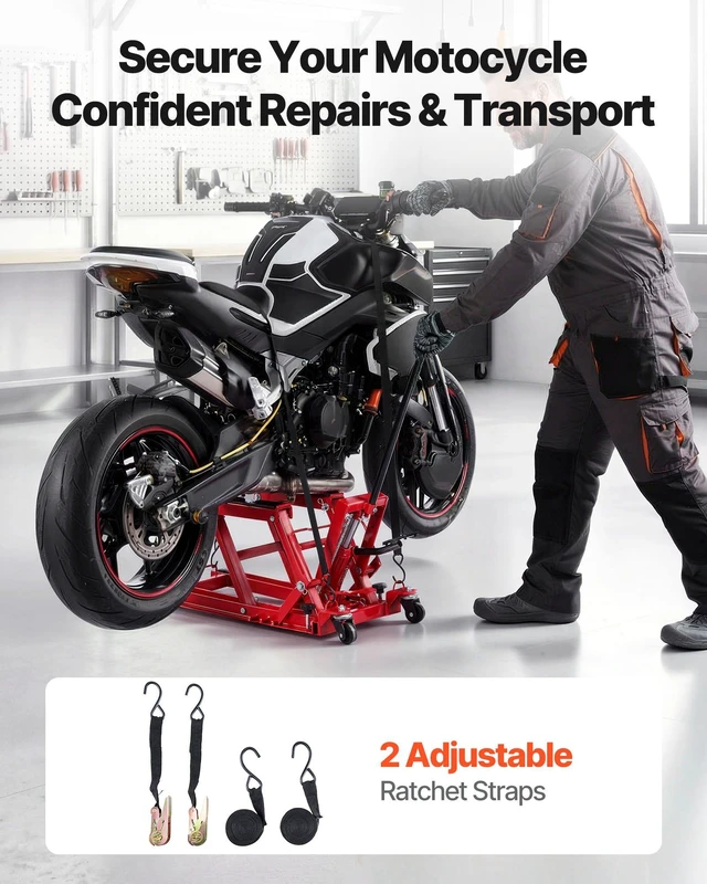 Alt view image 7 of 8 - VEVOR Hydraulic Motorcycle Lift Jack, 1500 lbs Capacity, ATV Lift Jack Portable Motorcycle Hoist Stand with 4 Wheels, 4.5"-15.2" Height Range, Hydraulic Foot-Operated Hoist Stand for ATVs, Dirt Bikes