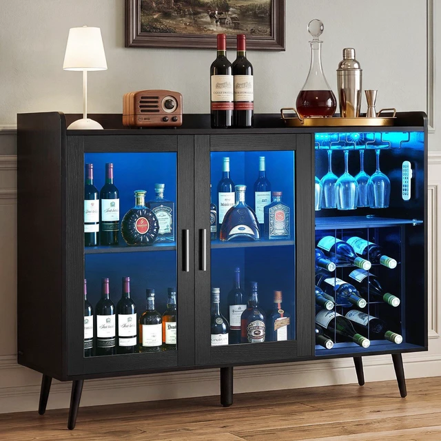 Main image of VEVOR Wine Cabinet, Coffee Bar Cabinet with 9 Wine Bottle Racks, Modern Buffet Sideboard with Glass Holder, Adjustable LED Brightness, for Home Kitchen, Living Room, Dining Room, Black Wood Grain