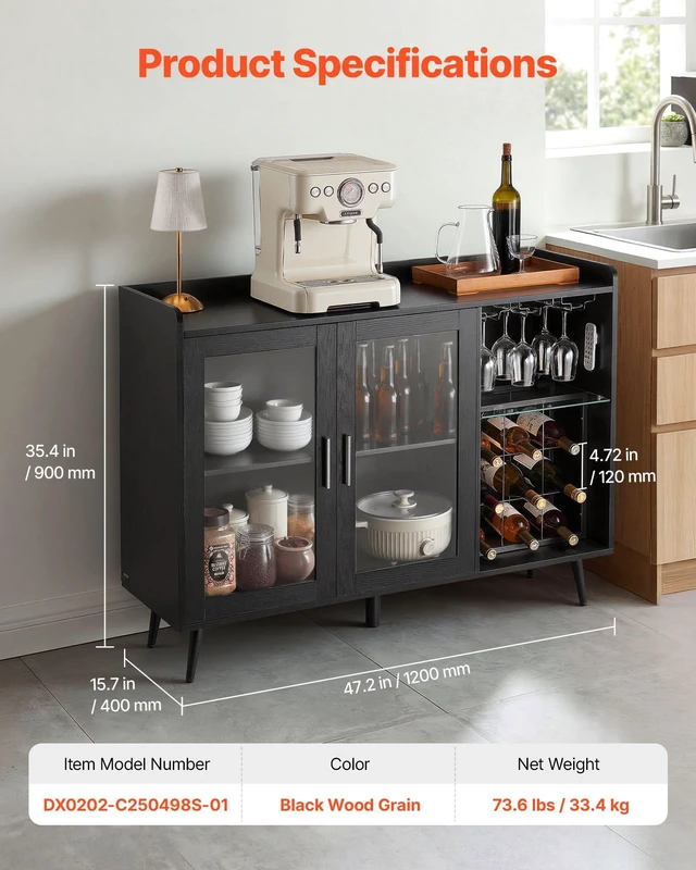 Alt view image 2 of 8 - VEVOR Wine Cabinet, Coffee Bar Cabinet with 9 Wine Bottle Racks, Modern Buffet Sideboard with Glass Holder, Adjustable LED Brightness, for Home Kitchen, Living Room, Dining Room, Black Wood Grain