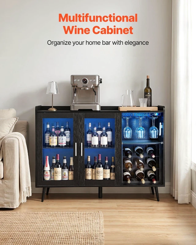 Alt view image 3 of 8 - VEVOR Wine Cabinet, Coffee Bar Cabinet with 9 Wine Bottle Racks, Modern Buffet Sideboard with Glass Holder, Adjustable LED Brightness, for Home Kitchen, Living Room, Dining Room, Black Wood Grain
