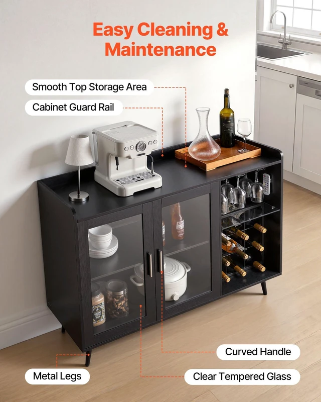 Alt view image 4 of 8 - VEVOR Wine Cabinet, Coffee Bar Cabinet with 9 Wine Bottle Racks, Modern Buffet Sideboard with Glass Holder, Adjustable LED Brightness, for Home Kitchen, Living Room, Dining Room, Black Wood Grain
