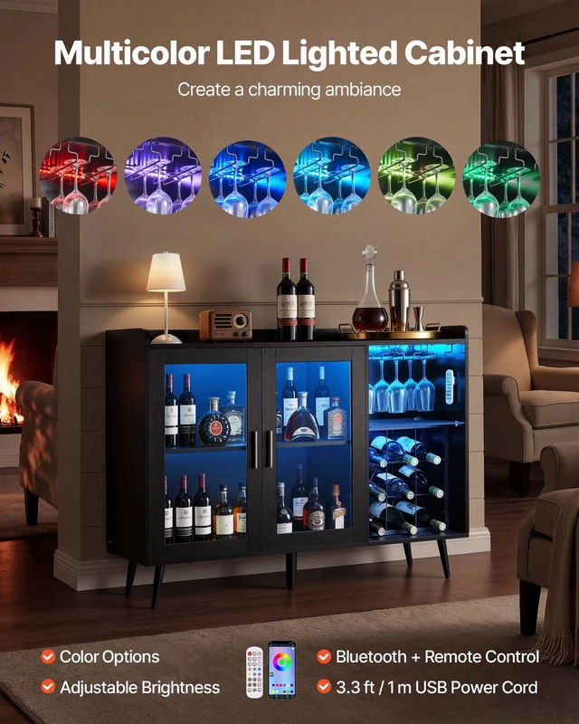 Alt view image 5 of 8 - VEVOR Wine Cabinet, Coffee Bar Cabinet with 9 Wine Bottle Racks, Modern Buffet Sideboard with Glass Holder, Adjustable LED Brightness, for Home Kitchen, Living Room, Dining Room, Black Wood Grain