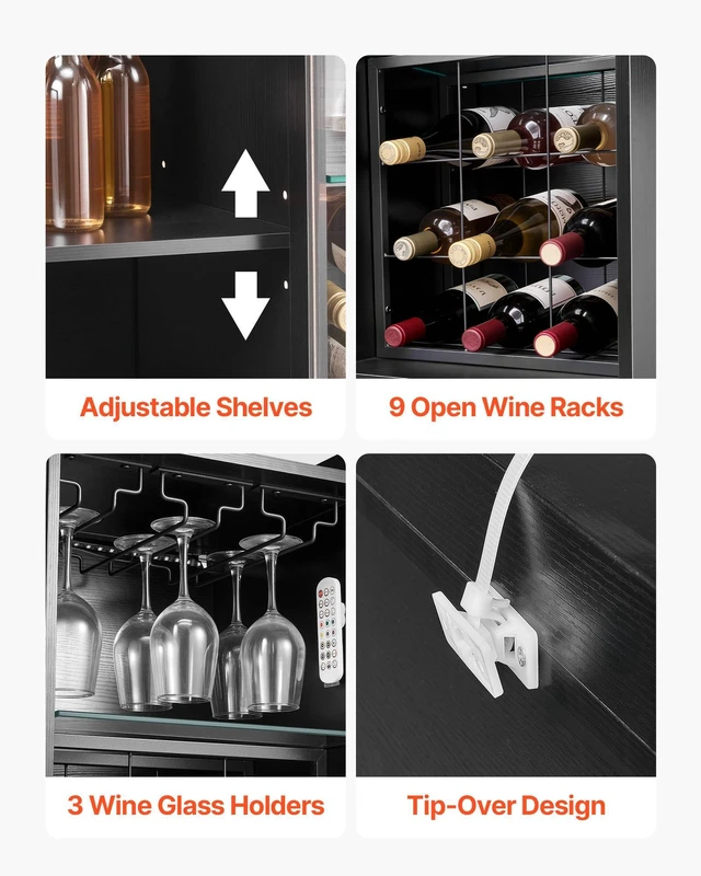 Alt view image 6 of 8 - VEVOR Wine Cabinet, Coffee Bar Cabinet with 9 Wine Bottle Racks, Modern Buffet Sideboard with Glass Holder, Adjustable LED Brightness, for Home Kitchen, Living Room, Dining Room, Black Wood Grain