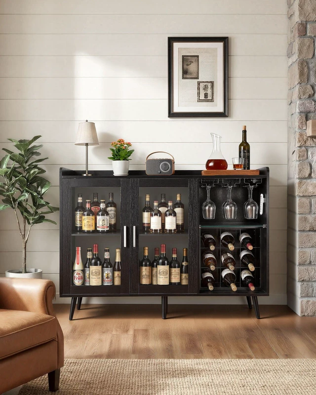 Alt view image 7 of 8 - VEVOR Wine Cabinet, Coffee Bar Cabinet with 9 Wine Bottle Racks, Modern Buffet Sideboard with Glass Holder, Adjustable LED Brightness, for Home Kitchen, Living Room, Dining Room, Black Wood Grain