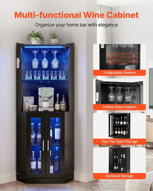 Alt view image 3 of 8 - VEVOR Corner Wine Cabinet, Bar Cabinet with Ample Storage, Modern Buffet Sideboard with Glass Holder, Adjustable LED Brightness, Anti-Tip Strap, for Home Kitchen, Living Room, Dining Room, Black Wood