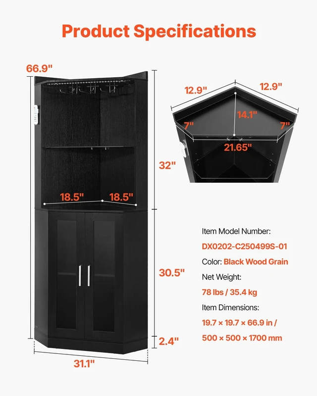 Alt view image 2 of 8 - VEVOR Corner Wine Cabinet, Bar Cabinet with Ample Storage, Modern Buffet Sideboard with Glass Holder, Adjustable LED Brightness, Anti-Tip Strap, for Home Kitchen, Living Room, Dining Room, Black Wood
