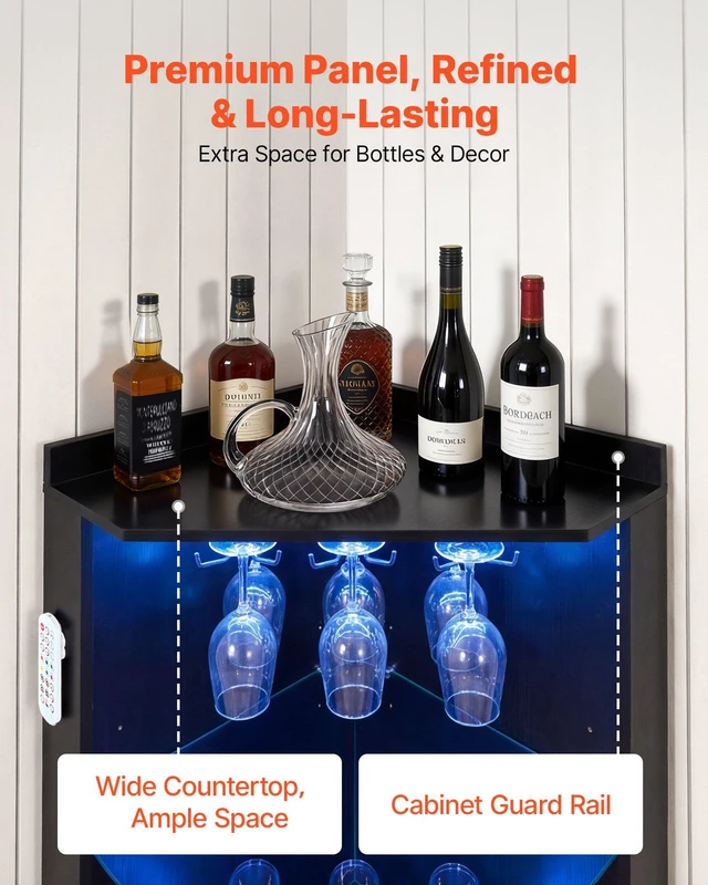 Alt view image 4 of 8 - VEVOR Corner Wine Cabinet, Bar Cabinet with Ample Storage, Modern Buffet Sideboard with Glass Holder, Adjustable LED Brightness, Anti-Tip Strap, for Home Kitchen, Living Room, Dining Room, Black Wood