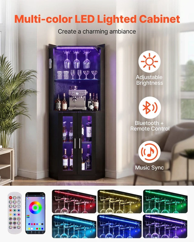 Alt view image 5 of 8 - VEVOR Corner Wine Cabinet, Bar Cabinet with Ample Storage, Modern Buffet Sideboard with Glass Holder, Adjustable LED Brightness, Anti-Tip Strap, for Home Kitchen, Living Room, Dining Room, Black Wood