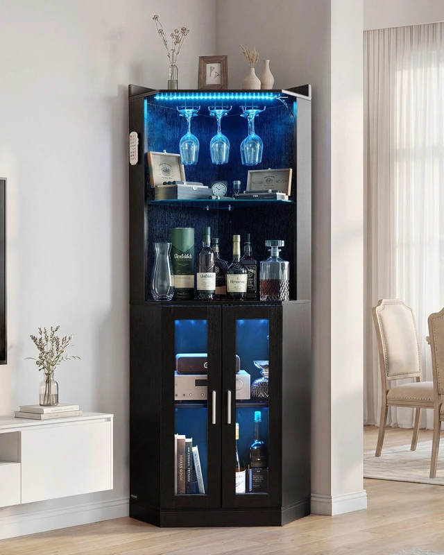 Alt view image 7 of 8 - VEVOR Corner Wine Cabinet, Bar Cabinet with Ample Storage, Modern Buffet Sideboard with Glass Holder, Adjustable LED Brightness, Anti-Tip Strap, for Home Kitchen, Living Room, Dining Room, Black Wood
