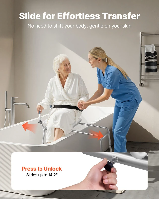 Alt view image 2 of 8 - VEVOR Sliding Shower Chair, 400 lbs Capacity Tub Transfer Bench for Bathtub, Heavy Duty Shower Bench with Arms and Backrest, Height Adjustable Seat for Handicap, Adults, Seniors, Elderly and Disabled