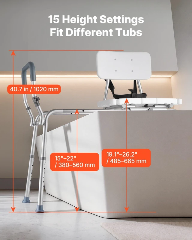 Alt view image 4 of 8 - VEVOR Sliding Shower Chair, 400 lbs Capacity Tub Transfer Bench for Bathtub, Heavy Duty Shower Bench with Arms and Backrest, Height Adjustable Seat for Handicap, Adults, Seniors, Elderly and Disabled