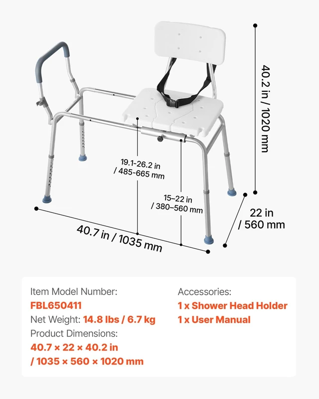 Alt view image 7 of 8 - VEVOR Sliding Shower Chair, 400 lbs Capacity Tub Transfer Bench for Bathtub, Heavy Duty Shower Bench with Arms and Backrest, Height Adjustable Seat for Handicap, Adults, Seniors, Elderly and Disabled