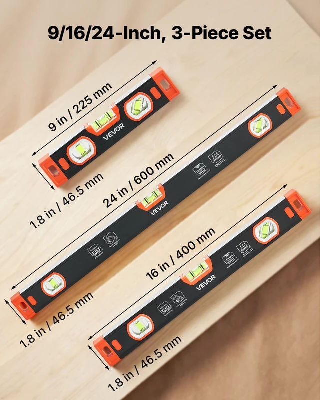Alt view image 2 of 8 - VEVOR Torpedo Level, 3-Piece Included 9/16/24 in, Magnetic Leveler Tool Set Aluminum Alloy, with Clear 3 Green Vials, V-Groove, Hanging Hole, Multi-angle Measurement for Construction Home Renovation