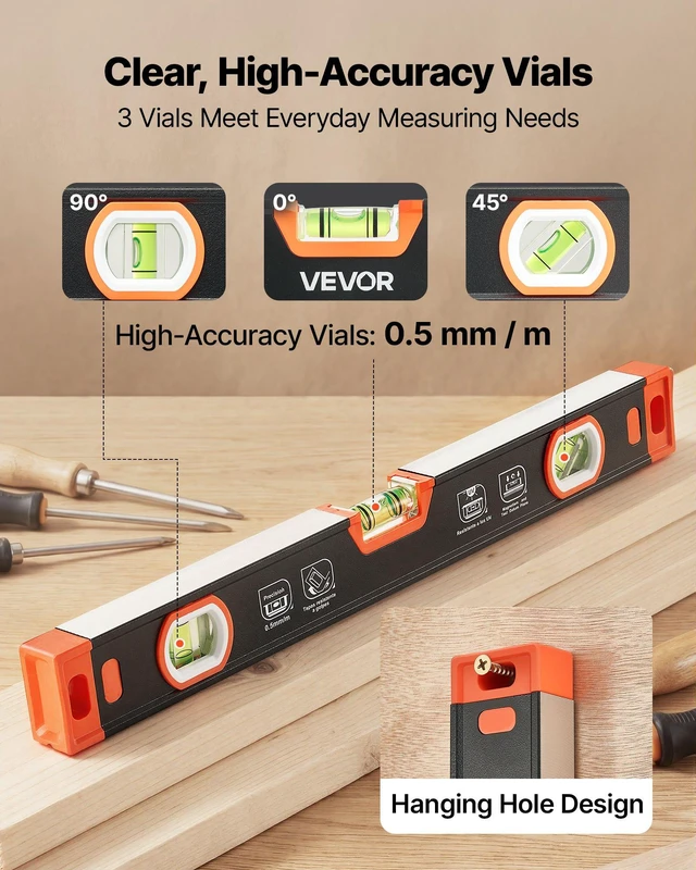Alt view image 3 of 8 - VEVOR Torpedo Level, 3-Piece Included 9/16/24 in, Magnetic Leveler Tool Set Aluminum Alloy, with Clear 3 Green Vials, V-Groove, Hanging Hole, Multi-angle Measurement for Construction Home Renovation