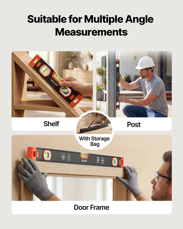 Alt view image 6 of 8 - VEVOR Torpedo Level, 3-Piece Included 9/16/24 in, Magnetic Leveler Tool Set Aluminum Alloy, with Clear 3 Green Vials, V-Groove, Hanging Hole, Multi-angle Measurement for Construction Home Renovation
