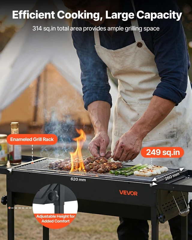 Alt view image 2 of 8 - VEVOR Foldable Charcoal Grill, Portable Charcoal Barbecue Grill with Adjustable Height & Folding Side Tables, High-Temp Powder-Coated Steel Outdoor BBQ Grills for Camping Backyard Parties