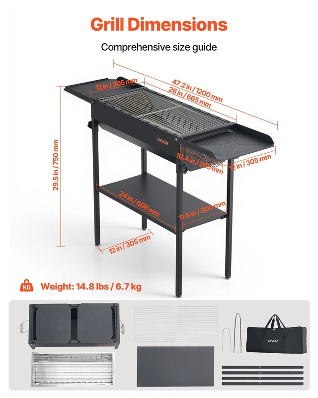 Alt view image 3 of 8 - VEVOR Foldable Charcoal Grill, Portable Charcoal Barbecue Grill with Adjustable Height & Folding Side Tables, High-Temp Powder-Coated Steel Outdoor BBQ Grills for Camping Backyard Parties