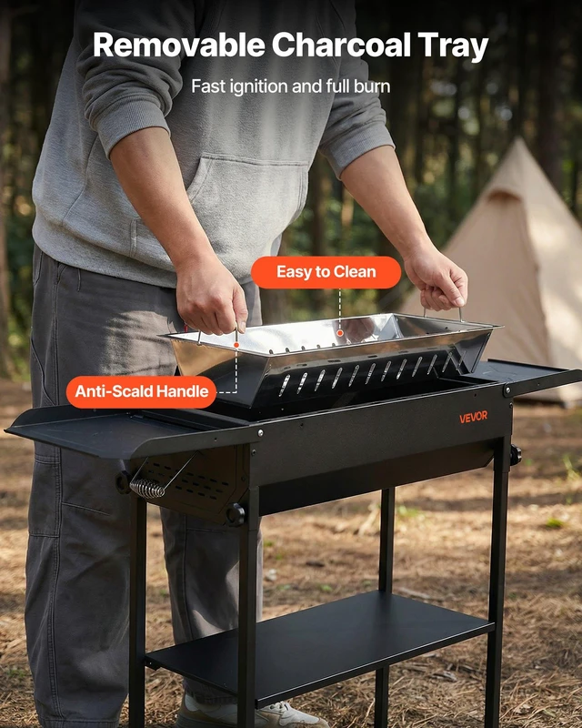 Alt view image 4 of 8 - VEVOR Foldable Charcoal Grill, Portable Charcoal Barbecue Grill with Adjustable Height & Folding Side Tables, High-Temp Powder-Coated Steel Outdoor BBQ Grills for Camping Backyard Parties