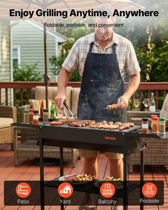 Alt view image 6 of 8 - VEVOR Foldable Charcoal Grill, Portable Charcoal Barbecue Grill with Adjustable Height & Folding Side Tables, High-Temp Powder-Coated Steel Outdoor BBQ Grills for Camping Backyard Parties