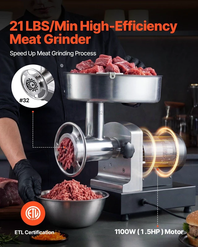 Alt view image 2 of 8 - VEVOR Commercial Meat Grinder, 21 Lbs/Min Capacity, #32 Electric Meat Mincer with 3 Plates, 3 Sausage Stuff Tubes, 1100W/1.5HP Stainless Steel Sausage Maker for Home Kitchens & Restaurants, ETL Listed