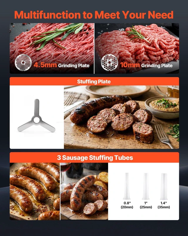 Alt view image 3 of 8 - VEVOR Commercial Meat Grinder, 21 Lbs/Min Capacity, #32 Electric Meat Mincer with 3 Plates, 3 Sausage Stuff Tubes, 1100W/1.5HP Stainless Steel Sausage Maker for Home Kitchens & Restaurants, ETL Listed