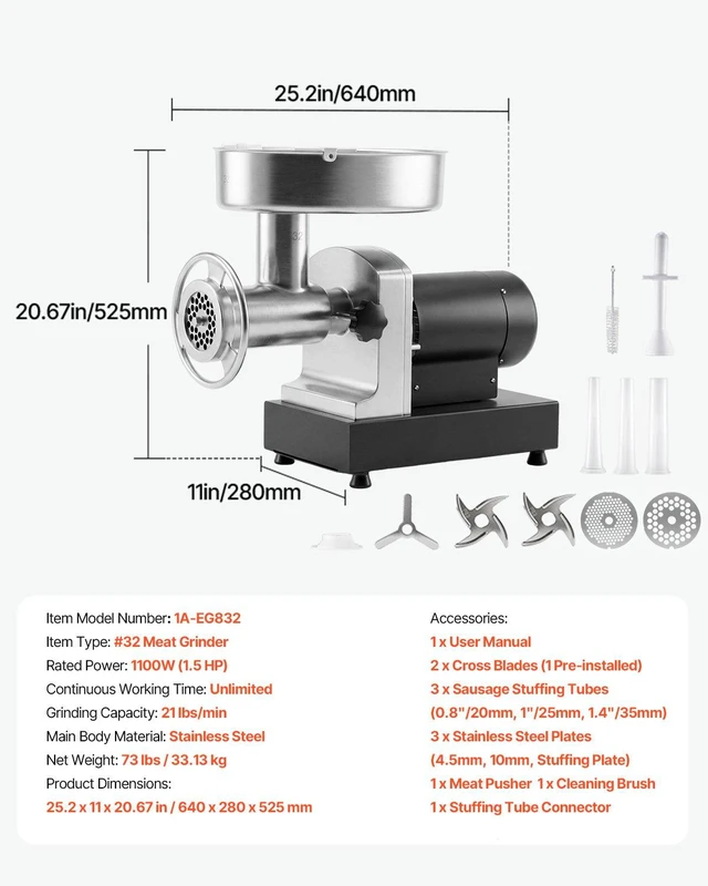Alt view image 7 of 8 - VEVOR Commercial Meat Grinder, 21 Lbs/Min Capacity, #32 Electric Meat Mincer with 3 Plates, 3 Sausage Stuff Tubes, 1100W/1.5HP Stainless Steel Sausage Maker for Home Kitchens & Restaurants, ETL Listed