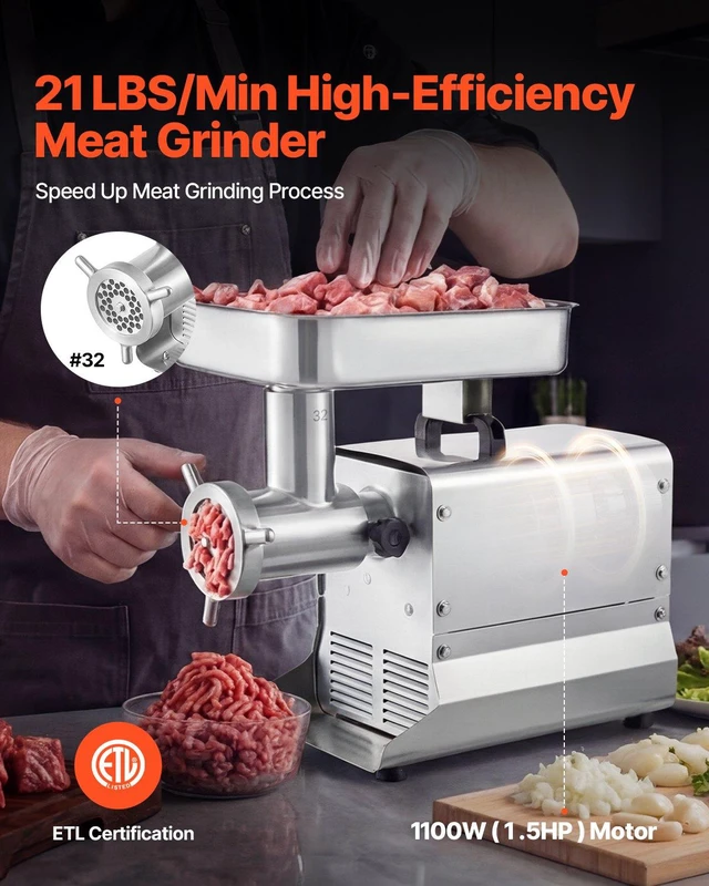 Alt view image 2 of 8 - VEVOR Commercial Meat Grinder, 21 Lbs/Min Capacity, #32 Electric Meat Mincer with 3 Plates, 3 Sausage Stuff Tubes, 1100W/1.5HP Stainless Steel Sausage Maker for Home Kitchens & Restaurants, ETL Listed