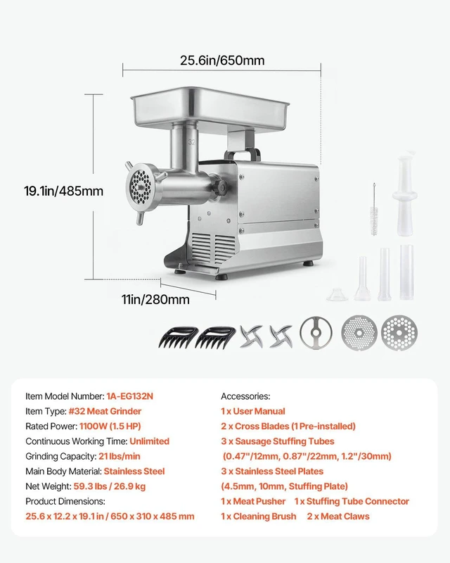 Alt view image 7 of 8 - VEVOR Commercial Meat Grinder, 21 Lbs/Min Capacity, #32 Electric Meat Mincer with 3 Plates, 3 Sausage Stuff Tubes, 1100W/1.5HP Stainless Steel Sausage Maker for Home Kitchens & Restaurants, ETL Listed