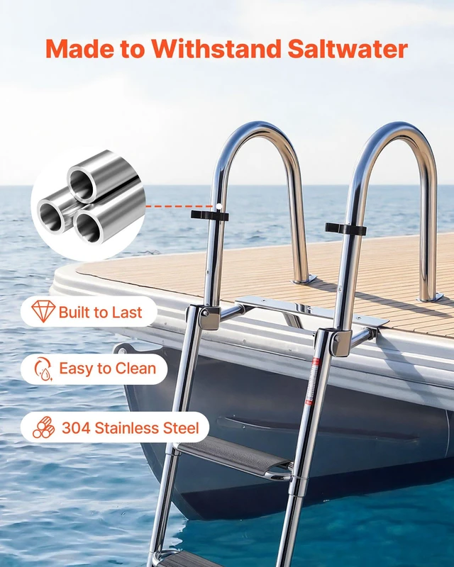 Alt view image 2 of 8 - VEVOR Boat Ladder, 4 Steps, Stainless Steel Telescoping Folding Swim Deck Ladder for Rear Entry Inboard, 600lbs Capacity with Extra Wide Anti-Slip Steps & Handrails, for Outboards, Yacht, Pontoon Boat