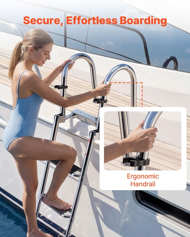 Alt view image 4 of 8 - VEVOR Boat Ladder, 4 Steps, Stainless Steel Telescoping Folding Swim Deck Ladder for Rear Entry Inboard, 600lbs Capacity with Extra Wide Anti-Slip Steps & Handrails, for Outboards, Yacht, Pontoon Boat