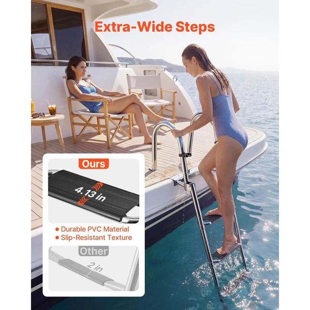 Alt view image 3 of 8 - VEVOR Boat Ladder, 4 Steps, Stainless Steel Telescoping Folding Swim Deck Ladder for Rear Entry Inboard, 600lbs Capacity with Extra Wide Anti-Slip Steps & Handrails, for Outboards, Yacht, Pontoon Boat