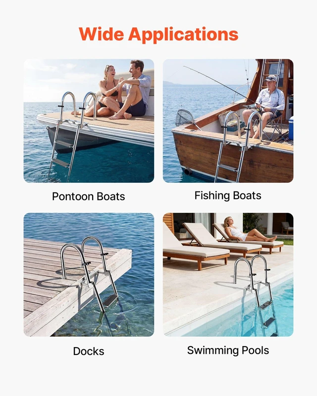Alt view image 7 of 8 - VEVOR Boat Ladder, 4 Steps, Stainless Steel Telescoping Folding Swim Deck Ladder for Rear Entry Inboard, 600lbs Capacity with Extra Wide Anti-Slip Steps & Handrails, for Outboards, Yacht, Pontoon Boat