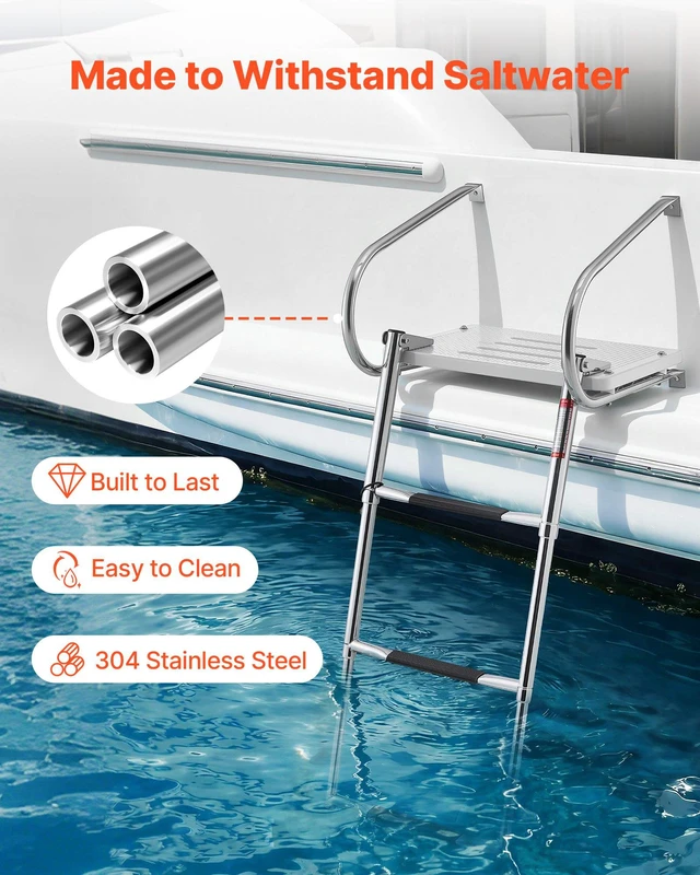 Alt view image 2 of 8 - VEVOR Boat Ladder, 3 Steps, Stainless Steel Telescoping Folding Swim Deck Ladder for Rear Entry Inboard, 400 lbs Capacity with Wide Anti-Slip Steps & Handrails, for Outboards, Yacht, Pontoon Boats