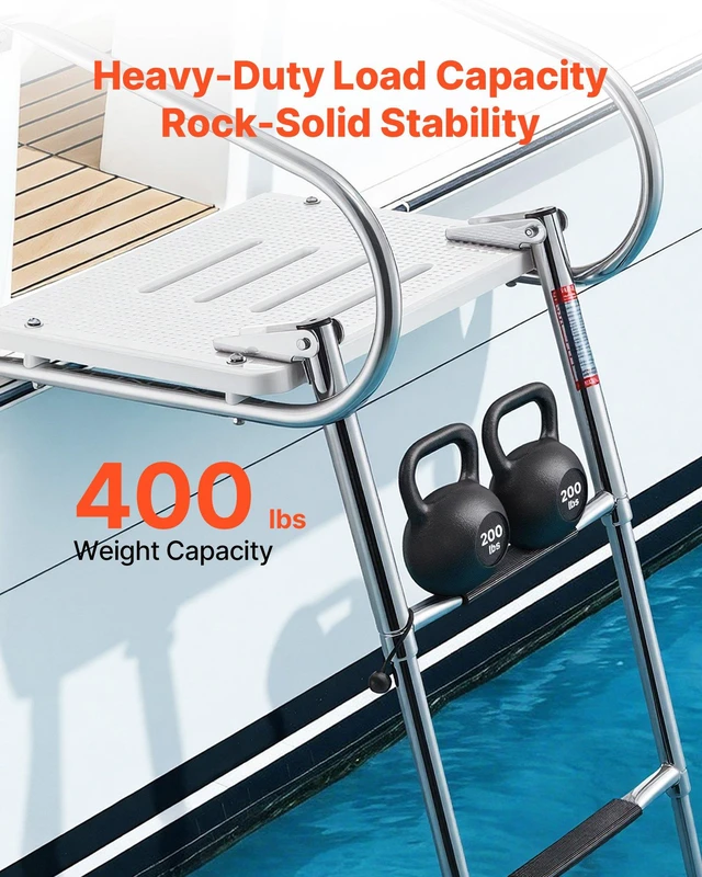 Alt view image 5 of 8 - VEVOR Boat Ladder, 3 Steps, Stainless Steel Telescoping Folding Swim Deck Ladder for Rear Entry Inboard, 400 lbs Capacity with Wide Anti-Slip Steps & Handrails, for Outboards, Yacht, Pontoon Boats