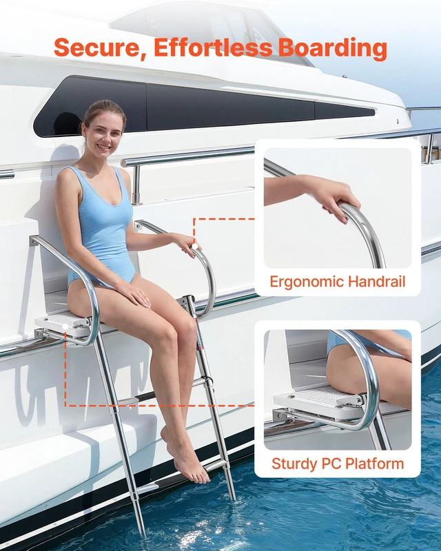 Alt view image 4 of 8 - VEVOR Boat Ladder, 3 Steps, Stainless Steel Telescoping Folding Swim Deck Ladder for Rear Entry Inboard, 400 lbs Capacity with Wide Anti-Slip Steps & Handrails, for Outboards, Yacht, Pontoon Boats