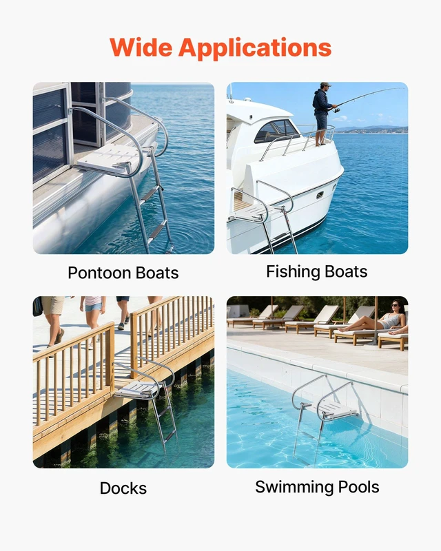 Alt view image 7 of 8 - VEVOR Boat Ladder, 3 Steps, Stainless Steel Telescoping Folding Swim Deck Ladder for Rear Entry Inboard, 400 lbs Capacity with Wide Anti-Slip Steps & Handrails, for Outboards, Yacht, Pontoon Boats